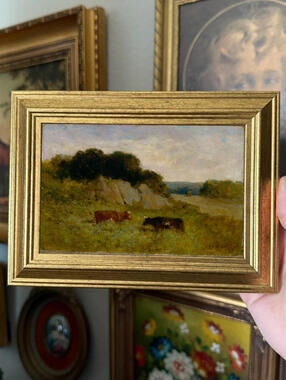 Vintage Style Cow on Pasture landscape Art Print Framed